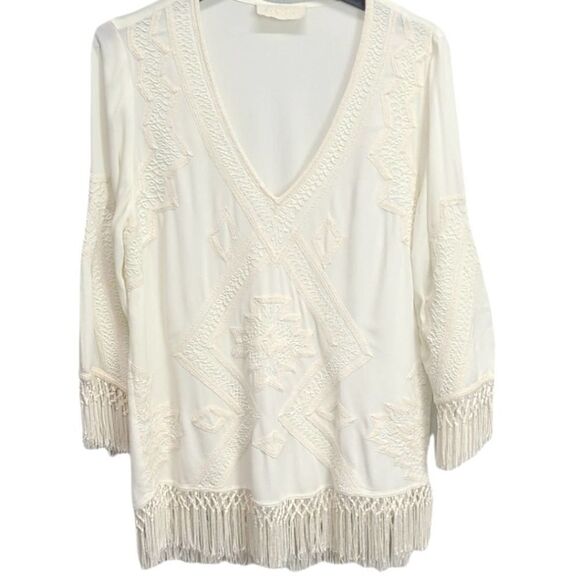 Love Sam Fringe V-neck Cream Ivory 3/4 Sleeve Blouse Size Small‎ - Picture 1 of 8